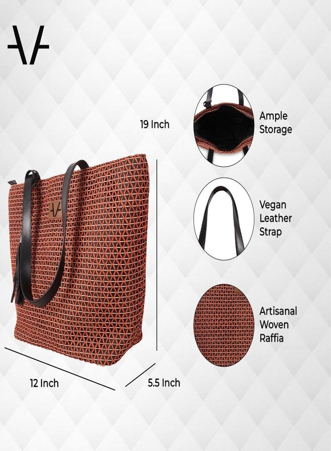 Avake Crimson Cross Tote Bag with Raffia and Vegan Leather Accents | Fits 14-Inch Laptop | Stylish & Durable | Lightweight Shoulder Bag for Work, Travel & Daily Use | Made in India - Image 3
